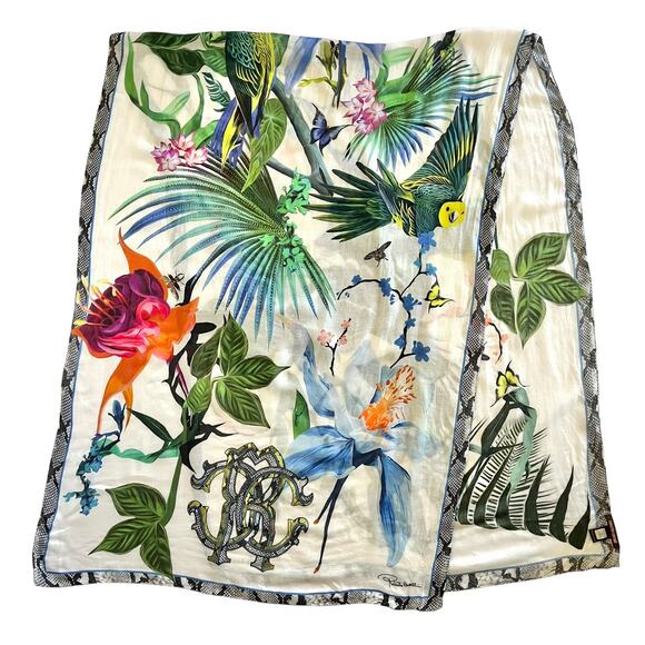 Roberto Cavalli Tropical Floral Bird Butterfly Nature Modal Long Scarf Shawl - Picture 2 of 12